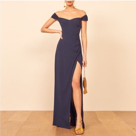 Reformation Dresses & Skirts - NWT Reformation Dress Marilyn Maxi Off The Shoulder in Navy
